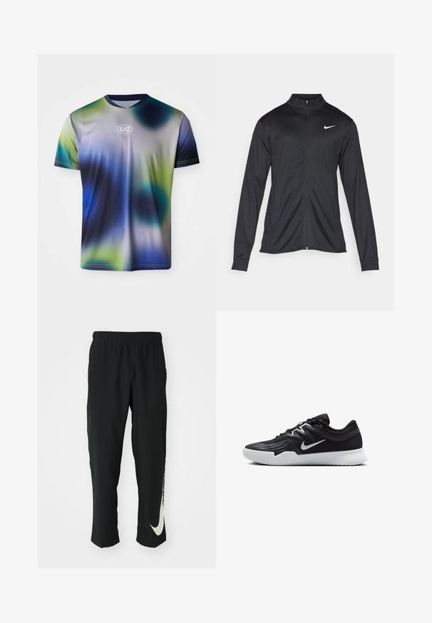 Jacket desportivo preto com mangas longas, colarinho e fecho zip completo. Apresenta um discreto logotipo da Nike em branco na parte superior do lado esquerdo do peito. Textura suave.; T-shirt de manga curta para homem num degradê de azul, verde e cinza. Tecido suave com decote redondo e logótipo EA7 no peito.; Calças atléticas pretas com cintura elástica, design afunilado, apresentando um grande logótipo branco da Nike na perna esquerda. Tecido macio e leve.; Sapatilha atlética preta com um cabedal texturizado, swoosh branco da Nike e uma sola de borracha branca. Apresenta um design com atacadores e uma forma dinâmica.