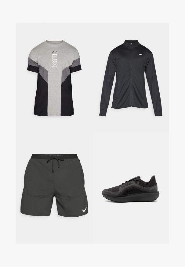 Musta urheilutakki pitkillä hihoilla, kauluksella ja kokonaisella vetoketjulla. Täydentää hienovarainen Nike-logo valkoisena vasemmassa ylärinnassa. Litteä pinta.; Harmaa ja musta lyhythihainen t-paita, jossa on värilohko design; sisältää valkoisella pystytekstillä olevan logon; kangas näyttää sileältä ja kevyeltä.; Mustat juoksushortsit, joissa on joustava vyötärö, nyöri, sivutaskut ja valkoinen Nike-logo vasemmassa alareunassa.; Musta urheilukenkä, jossa on teksturoitu tikattu päällinen, tyylikäs muotoilu ja musta kumipohja. Varustettu näkyvällä logolla ja Gore-Tex -merkillä.