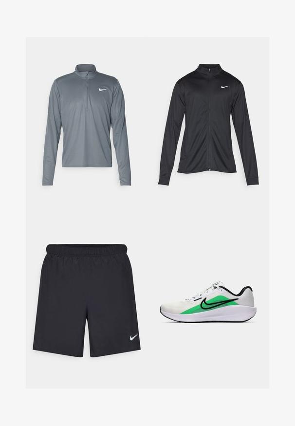 Svart idrettsjakke med lange ermer, krage og full glidelås. Har en subtil Nike-logo i hvitt på øvre venstre bryst. Glatt tekstur.; Grå langarmet Nike ytelsesskjorte med kvart glidelås-krage. Laget av mykt, lett stoff, med en liten hvit logo på brystet.; Svart sportskjørt laget av lett materiale med elastisk linning. Har en liten hvit Nike-logo nederst til venstre.; Hvit atletisk sko med grønt aksent, svart logo, mesh-overdel, polstret såle og rund hæl. Har snøring og kontrastdetaljer.