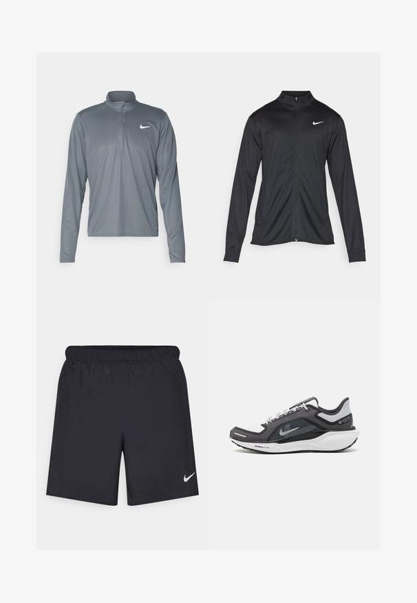 Black athletic jacket with long sleeves, collar, and full zipper. Features a subtle Nike logo in white on the upper left chest. Smooth texture.; Gray long-sleeve Nike performance shirt with a quarter-zip collar. Made of smooth, lightweight fabric, featuring a small white logo on the chest.; Black athletic shorts made of lightweight material with an elastic waistband. Features a small white Nike logo on the lower left side.; Black and gray athletic shoe with a mesh upper, reflective accents, and a white midsole. Features textured rubber outsole and laces.
