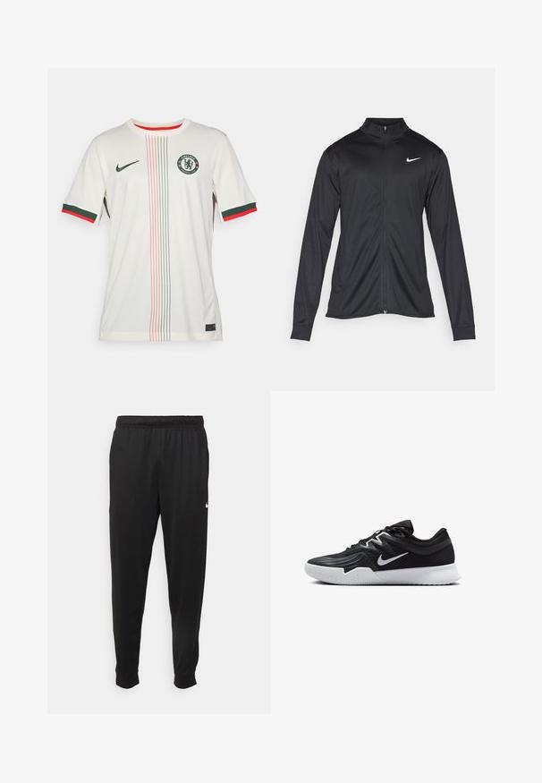 Jacket desportivo preto com mangas longas, colarinho e fecho zip completo. Apresenta um discreto logotipo da Nike em branco na parte superior do lado esquerdo do peito. Textura suave.; Camisa de futebol branca com mangas curtas, detalhes em verde e vermelho nas mangas e gola, brasão ao centro e riscas verticais coloridas. Logótipo da Nike presente.; Calças de desporto pretas feitas de tecido suave, com uma cintura elástica, pernas ajustadas e um pequeno logo branco no lado esquerdo.; Sapatilha atlética preta com um cabedal texturizado, swoosh branco da Nike e uma sola de borracha branca. Apresenta um design com atacadores e uma forma dinâmica.