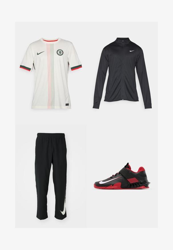 Giacca sportiva nera con maniche lunghe, colletto e zip completa. Presenta un logo Nike in bianco sulla parte superiore del lato sinistro del petto. Tessuto morbido.; Maglia da calcio bianca a maniche corte, con accenti verdi e rossi sui polsini e sul colletto, stemma centrale e strisce verticali colorate. Logo Nike presente.; Pantaloni sportivi neri con cintura elasticizzata, design affusolato, caratterizzati da un grande logo Nike bianco sulla gamba sinistra. Tessuto morbido e leggero.; Sneakers atletici neri e rossi caratterizzati da un design elegante, tomaia in mesh testurizzato, suola in gomma resistente e un accento bianco del logo ben visibile.