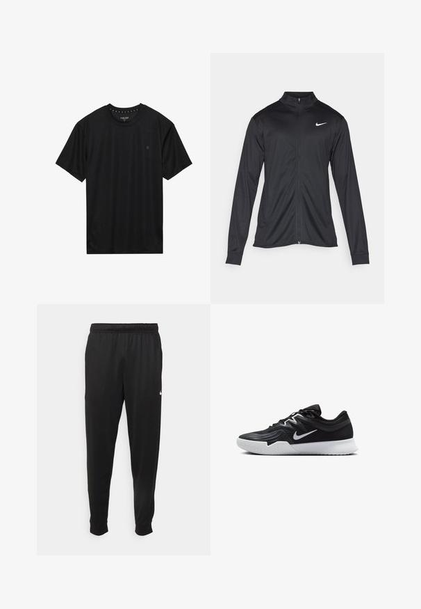 Černá sportovní bunda s dlouhými rukávy, límcem a plným zipem. Má decentní bílou logo značky Nike na horní levé části hrudi. Hladká textura.; Černé tričko s krátkým rukávem vyrobené z měkké tkaniny, s kulatým výstřihem a malým logem vyšitým černou barvou na levé části hrudi.; Černé sportovní kalhoty vyrobené z hladké tkaniny, s elastickým pasem, zúženými nohavicemi a malým bílým logem na levé straně.; Černá atletická bota s texturovaným svrškem, bílým logem Nike a bílou gumovou podrážkou. Disponuje šněrovacím designem a dynamickým tvarem.