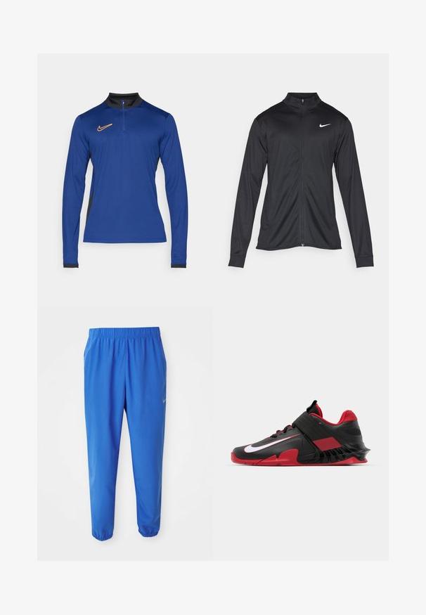 Jachetă sportivă neagră cu mâneci lungi, guler și fermoar complet. Prezintă un logo Nike subtil, alb, pe pieptul din stânga sus. Textură netedă.; Top sportiv cu mânecă lungă, de culoare albastră vie, cu guler negru, fermoar pe jumătate și logo-ul Nike portocaliu pe piept. Material texturat, care elimină umezeala.; Pantaloni sportivi blue cu talie elastică, design cu picior drept și manșete înguste. Prezintă logo-ul Nike în auriu pe partea stângă.; Adidași sport negri și roșii, cu un design elegant, superior din plasă texturată, talpă din cauciuc robustă și un accent proeminent al logo-ului alb.