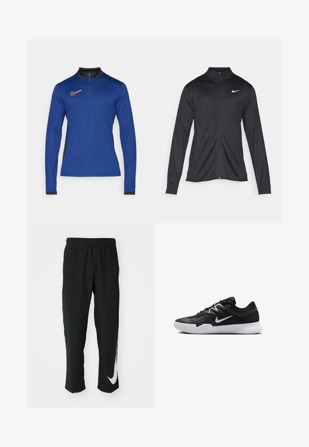 Schwarze Sportjacke mit langen Ärmeln, Kragen und voller Reißverschluss. Verfügt über ein dezentes Nike-Logo in Weiß auf der oberen linken Brust. Glatte Textur.; Langärmliges Sportoberteil in lebhaftem Blau mit schwarzem Kragen, halbem Reißverschluss und orangefarbener Nike-Logo auf der Brust. Strukturiertes, feuchtigkeitsableitendes Material.; Schwarze Sporthose mit elastischem Bund und taillierter Passform, auf der linken Beinschulter befindet sich ein großes weißes Nike-Logo. Weicher, leichter Stoff.; Schwarzer Sportschuh mit strukturiertem Obermaterial, weißem Nike-Warenzeichen und einer weißen Gummisohle. Verfügt über ein Schnürdesign und eine dynamische Form.