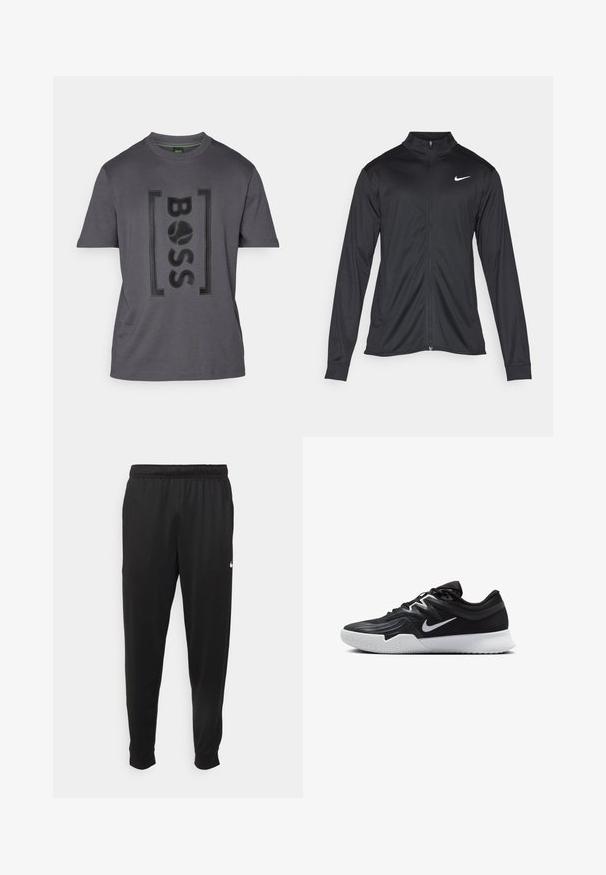 Melna sporta jaka ar garām piedurknēm, apkakli un pilnu rāvējslēdzēju. Uz kreisā krūts augšdaļas ir maigs Nike logo baltā krāsā. Gluda tekstūra.; Pelēks kokvilnas T-krekls ar teksturētu "BOSS" logo melnā krāsā. Īsas piedurknes, apaļa kakla izgriezums un mīksts audums ar smalku spīdumu.; Melnas sporta bikses, kas izgatavotas no gludas auduma, ar elastīgu jostu, sašaurinošām kājām un mazu balto logo kreisajā pusē.; Melni sporta apavi ar teksturētu virsu, balto Nike zulumu un balto gumijas zoli. Iezīmējas ar auklu pievilkšanas dizainu un dinamisku formu.
