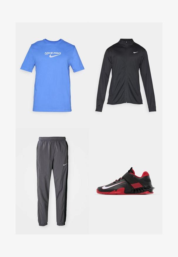 Fekete sportdzseki hosszú ujjal, gallérral és teljes cipzárral. Diszkrét fehér Nike logóval az upper bal mellen. Sima textúra.; Kék pamut póló rövid ujjakkal, kerek nyakú, a mellkasán fehér "NIKE PRO" felirattal és logóval.; Nike melegítőnadrág, könnyű anyagból készült, sötétszürke színben, fekete oldalsó panelek mellett. Jellemzője a rugalmas derékbőség és a fényvisszaverő logó.; Fekete és piros sportcipők, amelyek karcsú dizájnnal, texturált hálós felső résszel, strapabíró gumitalppal és feltűnő fehér logóval rendelkeznek.