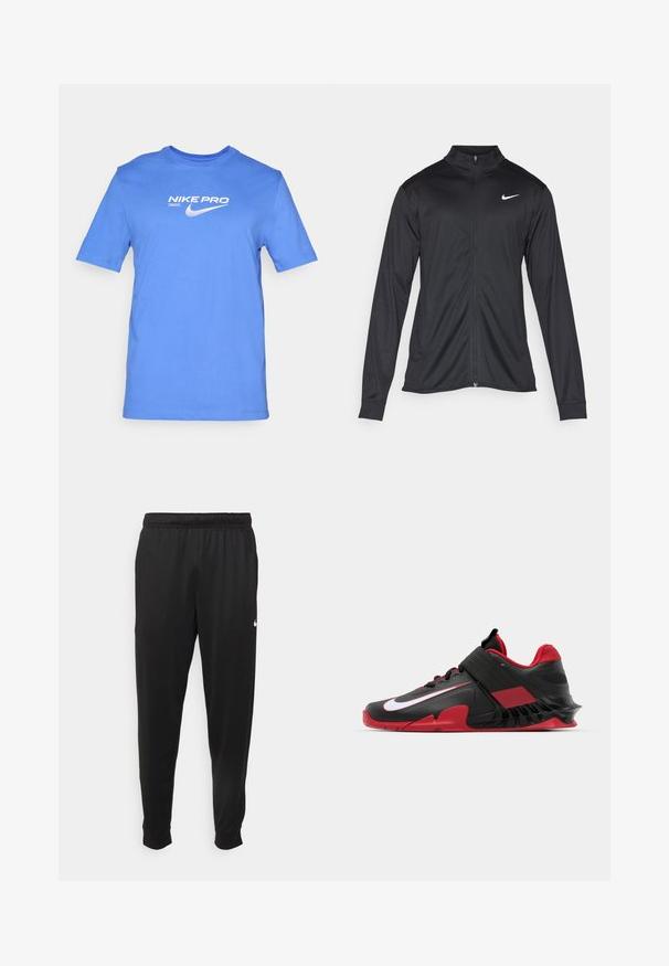 Jacket desportivo preto com mangas longas, colarinho e fecho zip completo. Apresenta um discreto logotipo da Nike em branco na parte superior do lado esquerdo do peito. Textura suave.; T-shirt de algodão azul com mangas curtas e decote redondo, com texto e logotipo brancos "NIKE PRO" impressos no peito.; Calças de desporto pretas feitas de tecido suave, com uma cintura elástica, pernas ajustadas e um pequeno logo branco no lado esquerdo.; Ténis de atletismo em preto e vermelho com um design elegante, parte superior em malha texturizada, sola de borracha resistente e um destaque proeminente com o logótipo branco.