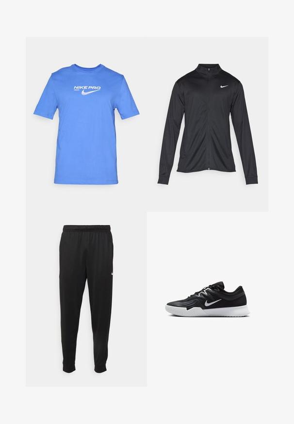 Jacket desportivo preto com mangas longas, colarinho e fecho zip completo. Apresenta um discreto logotipo da Nike em branco na parte superior do lado esquerdo do peito. Textura suave.; T-shirt de algodão azul com mangas curtas e decote redondo, com texto e logotipo brancos "NIKE PRO" impressos no peito.; Calças de desporto pretas feitas de tecido suave, com uma cintura elástica, pernas ajustadas e um pequeno logo branco no lado esquerdo.; Sapatilha atlética preta com um cabedal texturizado, swoosh branco da Nike e uma sola de borracha branca. Apresenta um design com atacadores e uma forma dinâmica.