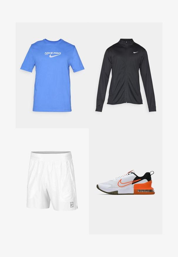Čierna športová bunda s dlhými rukávmi, golierom a plným zipsom. Obsahuje nenápadné logo Nike v bielej farbe na hornej ľavej hrudi. Hladká textúra.; Modré bavlnené tričko s okrúhlym výstrihom, krátkymi rukávmi a bielym logom "NIKE PRO" so šípkovým grafickým prvkom na prednej strane.; Biele športové šortky z ľahkej tkaniny s elastickým pásom, obsahujúce dve bočné vrecká a malé čierne logo na leme.; Biele športové topánky s textúrovaným sieťovaným zvrškom, čiernymi a oranžovými akcentmi, hrubou gumovou podrážkou a priesvitnou vzduchovou vankúšikovou časťou na päte.