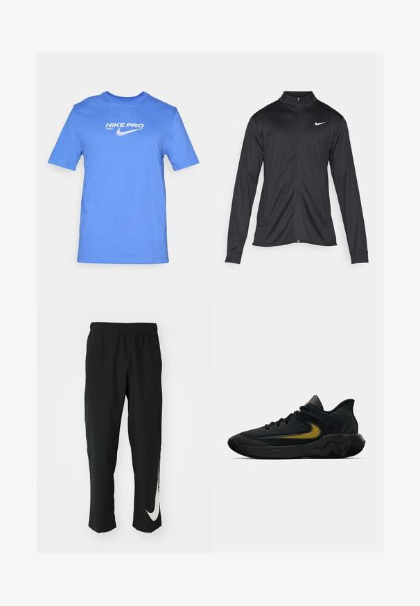 Czarna sportowa kurtka z długimi rękawami, kołnierzem i pełnym zamkiem. Posiada subtelne logo Nike w białym kolorze na lewej górnej części klatki piersiowej. Gładka tekstura.; Niebieska bawełniana koszulka z krótkim rękawem, okrągłym dekoltem, z białym napisem "NIKE PRO" oraz logo wydrukowanym na klatce piersiowej.; Czarne spodnie sportowe z elastycznym paskiem, zwężający się fason, z dużym białym logo Nike na lewej nogawce. Miękka, lekka tkanina.; Czarne i ciemnoszare buty sportowe z czarnymi sznurowadłami i złotym logo w kształcie paska, z falistym wzorem podeszwy i wyściełanym kołnierzem pięty.