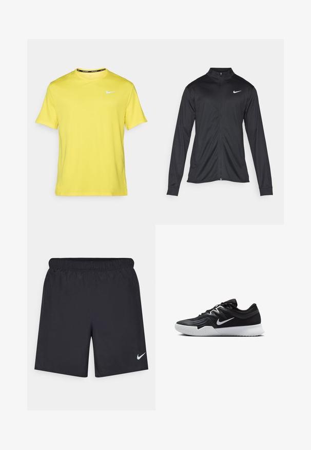 Melna sporta jaka ar garām piedurknēm, apkakli un pilnu rāvējslēdzēju. Uz kreisā krūts augšdaļas ir maigs Nike logo baltā krāsā. Gluda tekstūra.; Dzeltena Nike skriešanas t-kreklu, īsām piedurknēm, apaļā kakla izgriezumā, ar nelielu baltu logo uz krūtīm un kontrastējošu melnu etiķeti kakla iekšpusē.; Melnas sporta šorti, izgatavoti no viegla materiāla, ar elastīgu jostu. Uz apakšējā kreisā stūra ir neliels balts Nike logo.; Melni sporta apavi ar teksturētu virsu, balto Nike zulumu un balto gumijas zoli. Iezīmējas ar auklu pievilkšanas dizainu un dinamisku formu.