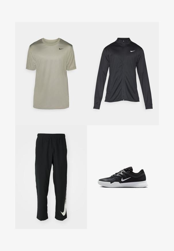 Jachetă sportivă neagră cu mâneci lungi, guler și fermoar complet. Prezintă un logo Nike subtil, alb, pe pieptul din stânga sus. Textură netedă.; Tricou scurt cu mânecă, de culoare verde măslinie deschis, fabricat dintr-un material neted, cu guler rotund și un mic logo Nike negru pe partea superioară stângă a pieptului.; Pantaloni sport negri cu talie elastică, design conic, având un mare logo alb Nike pe piciorul stâng. Material moale, ușor.; Pantof sport negru cu un superior texturat, swoosh alb Nike și o tălpică din cauciuc alb. Dispune de un design cu șireturi și o formă dinamică.
