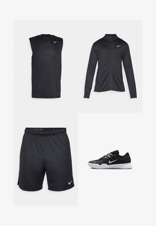 Svart idrettsjakke med lange ermer, krage og full glidelås. Har en subtil Nike-logo i hvitt på øvre venstre bryst. Glatt tekstur.; Svart ermeløs treningsskjorte laget av glatt stoff, med rund hals og en liten hvit Nike swoosh-logo på øvre venstre side.; Sorte Nike-shorts med elastisk livlinje, sideslitser og en hvit Nike-logo på den nedre kanten. Laget av lett, teksturert stoff.; Svart treningssko med teksturert overdel, hvit Nike-swoosh og hvit gummisåle. Har snøring og en dynamisk form.