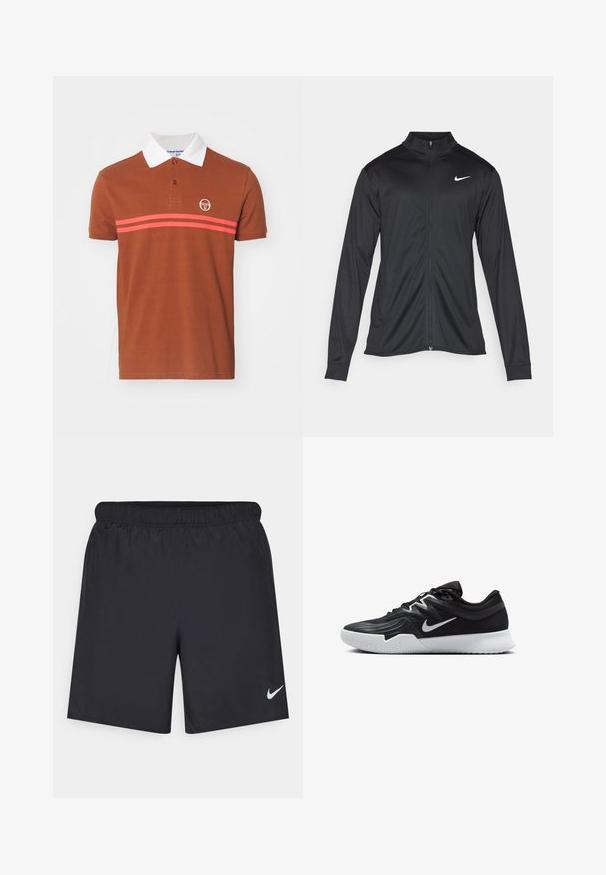 Melna sporta jaka ar garām piedurknēm, apkakli un pilnu rāvējslēdzēju. Uz kreisā krūts augšdaļas ir maigs Nike logo baltā krāsā. Gluda tekstūra.; Brūns polo krekls ar balto apkakli, ar divām horizontālām rozā svītrām un logo uz krūtīm. Izgatavots no teksturēta auduma.; Melnas sporta šorti, izgatavoti no viegla materiāla, ar elastīgu jostu. Uz apakšējā kreisā stūra ir neliels balts Nike logo.; Melni sporta apavi ar teksturētu virsu, balto Nike zulumu un balto gumijas zoli. Iezīmējas ar auklu pievilkšanas dizainu un dinamisku formu.