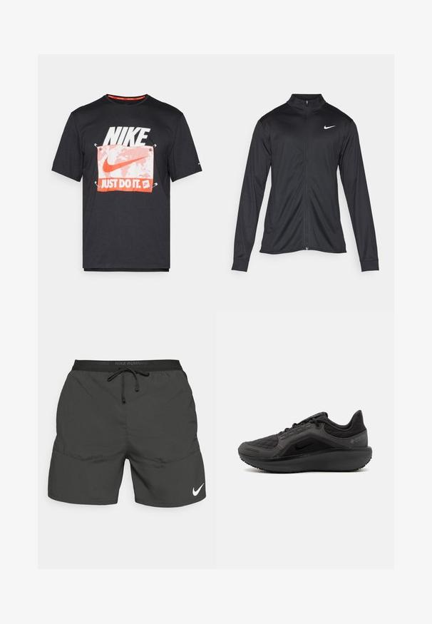 Svart idrottsjacka med långa ärmar, krage och full dragkedja. Har en diskret Nike-logga i vitt på övre vänstra bröstet. Slät yta.; Svart bomull T-shirt med en stor vit "NIKE"-logotyp och en orange "JUST DO IT"-grafik på en vit bakgrund, med framträdande sömmar.; Svarta löparshorts med resårmidja, snörning, sidofickor och en vit Nike-logga på nedre vänstra benet.; Svart atletiska skor med ett texturerat kviltat ovandel, slankt design och svart gummisula. Har en synlig logga och Gore-Tex märkning.