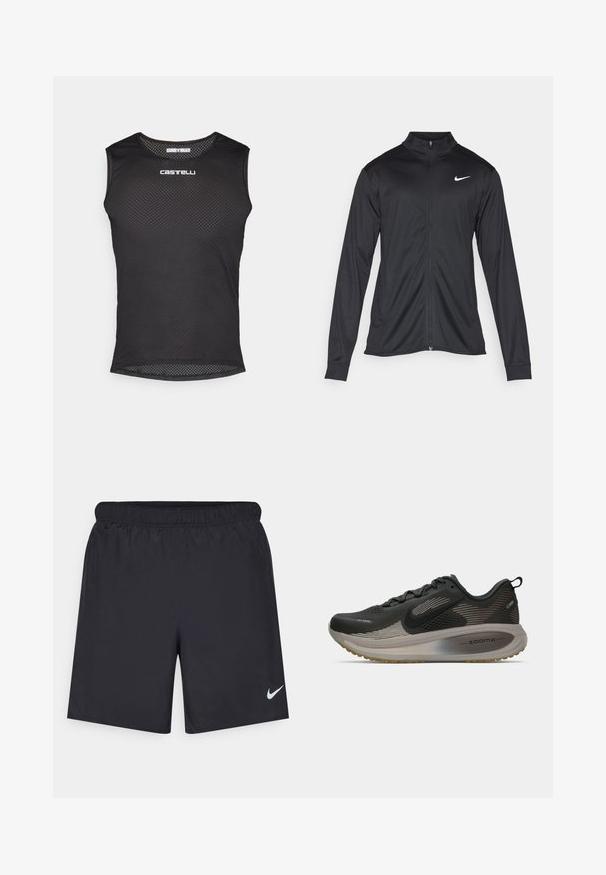 Jacket desportivo preto com mangas longas, colarinho e fecho zip completo. Apresenta um discreto logotipo da Nike em branco na parte superior do lado esquerdo do peito. Textura suave.; Top de ciclismo preto sem mangas em malha com textura suave, decote redondo e logotipo "Castelli" branco na frente. Design leve e respirável.; Calças de desporto pretas feitas de material leve com uma cintura elástica. Apresenta um pequeno logótipo branco da Nike no canto inferior esquerdo.; Shoe de corrida preto com parte superior em malha, detalhes refletivos e amortecimento ZoomX. Apresenta uma sola texturizada para aderência. Design aerodinâmico.