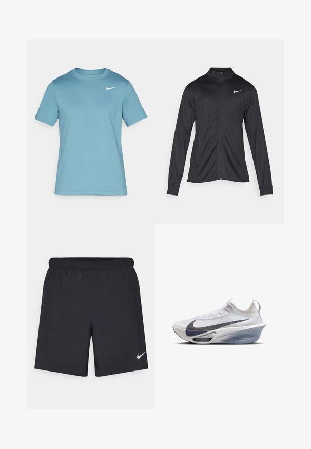Črna atletska jakna z dolgimi rokavi, ovratnikom in polnim zadrgo. Vključuje diskreten bel Nike logotip na zgornjem levem delu prsnega koša. Gladka tekstura.; Svjetloplavi kratki rukav majica napravljena od glatkog materijala. Ima zaobljeni izrez i mali bijeli Nike logotip na gornjem lijevom dijelu prsa.; Črne atletske kratke hlače iz lahkotnega materiala z elastičnim pasom. Imajo majhen bel Nike logo na spodnji levi strani.; Nike tekaške čevlje v beli tekstilni obliki z sivo ikono, aerodinamično obliko, prozorno srednjim podplatom in vidno zračnim oblazinjenjem.