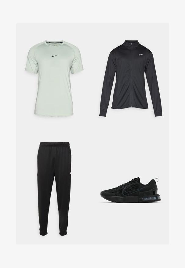Černá sportovní bunda s dlouhými rukávy, límcem a plným zipem. Má decentní bílou logo značky Nike na horní levé části hrudi. Hladká textura.; Nike Performance SLIM TOP - Sportovní tričko - jade horizon/black; Černé sportovní kalhoty vyrobené z hladké tkaniny, s elastickým pasem, zúženými nohavicemi a malým bílým logem na levé straně.; Černé tenisky Nike s horní částí z prodyšné síťoviny, texturovanou podrážkou a viditelnou vzduchovou jednotkou v patě. Detaily a logo v tmavším odstínu černé.