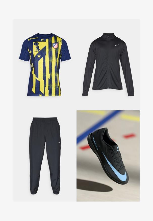 Veste de sport noire à manches longues, avec col et fermeture éclair intégrale. Présente un logo Nike subtil en blanc sur le côté supérieur gauche de la poitrine. Texture lisse.; Maillot de sport en bleu marine et jaune, avec de larges rayures verticales, des motifs texturés et un logo de club sur la poitrine, doté d'un col ras du cou.; Pantalon de jogging noir en tissu léger avec une ceinture élastique, des poignets aux chevilles et un logo Nike discret sur le côté gauche.; Chaussure de sport noire avec accents bleus, surface texturée, design à lacets et logo Nike distinctif. Semelle en caoutchouc avec motifs de grip.