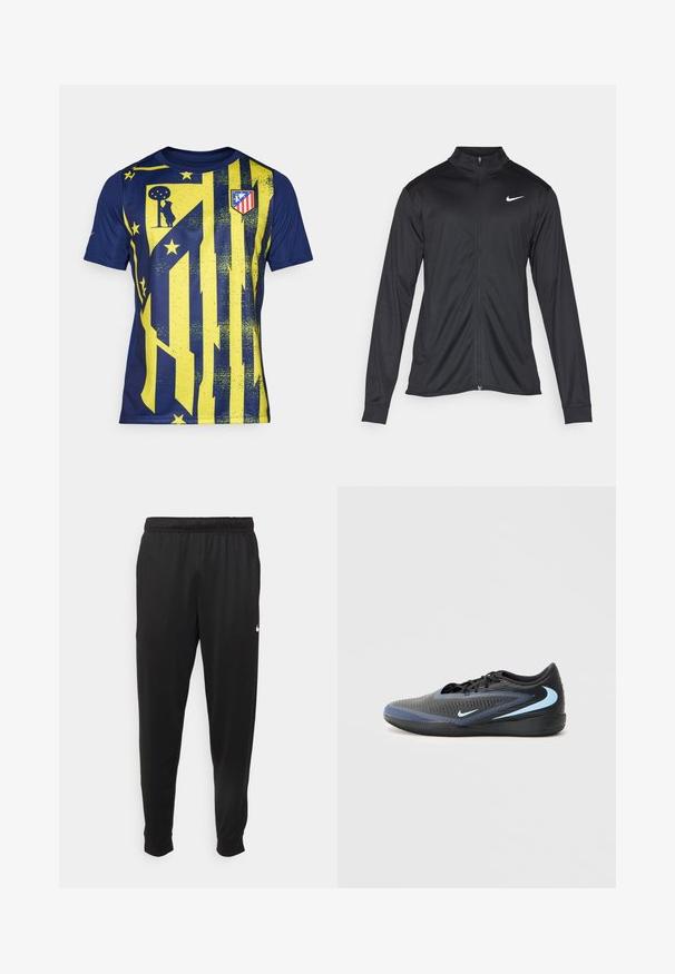 Čierna športová bunda s dlhými rukávmi, golierom a plným zipsom. Obsahuje nenápadné logo Nike v bielej farbe na hornej ľavej hrudi. Hladká textúra.; Atletické tričko v námorníckej modrej a žltej farbe, s odvážnymi vertikálnymi pruhmi, textúrovanými vzormi a klubovým logom na hrudi, s okrúhlym výstrihom.; Čierne športové nohavice z hladkej tkaniny, s elastickým pásom, zužujúcimi sa nohavicami a malým bielym logom na ľavej strane.; Čierne a modré nízke športové tenisky s textúrovaným povrchom, čiernymi šnúrkami a svetlomodrými logami Nike swoosh na boku a podrážke.