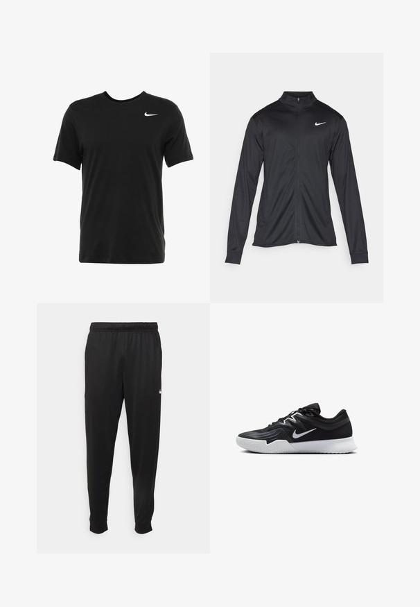 Giacca sportiva nera con maniche lunghe, colletto e zip completa. Presenta un logo Nike in bianco sulla parte superiore del lato sinistro del petto. Tessuto morbido.; T-shirt nero a maniche corte in cotone con scollatura a girocollo. Presenta un piccolo logo Nike bianco sul lato sinistro del petto.; Pantaloni sportivi neri realizzati in tessuto liscio, con una vita elastica, gambe affusolate e un piccolo logo bianco sul lato sinistro.; Scarpa sportiva nera con tomaia testurizzata, logo Nike swoosh bianco e suola in gomma bianca. Presenta un design con lacci e una forma dinamica.