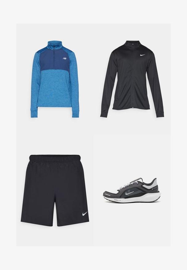 Jacket desportivo preto com mangas longas, colarinho e fecho zip completo. Apresenta um discreto logotipo da Nike em branco na parte superior do lado esquerdo do peito. Textura suave.; Camisola atlética de manga longa em várias tonalidades de azul. Apresenta um colarinho com zíper até meio, tecido texturizado e um logotipo no peito.; Calças de desporto pretas feitas de material leve com uma cintura elástica. Apresenta um pequeno logótipo branco da Nike no canto inferior esquerdo.; Sapatilha atlética preta e cinza com parte superior em malha, detalhes reflexivos e uma entressola branca. Apresenta uma sola de borracha texturizada e atacadores.