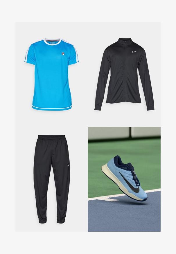 Chaqueta atlética negra con mangas largas, collar y cremallera completa. Presenta un sutil logo de Nike en blanco en la parte superior izquierda del pecho. Textura suave.; Fila ELIAS - Camiseta deportiva - simply blue/white; Pantalones deportivos negros con cintura elástica, piernas estrechas y un pequeño logo blanco de Nike en el muslo izquierdo. Tela suave, sin patrones.; Zapatilla deportiva azul claro con acentos en azul marino, parte superior de malla texturada y logo Swoosh negro. Cuenta con una entresuela acolchada y suela de goma.