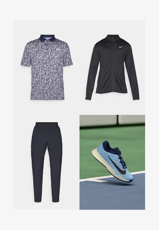 Čierna športová bunda s dlhými rukávmi, golierom a plným zipsom. Obsahuje nenápadné logo Nike v bielej farbe na hornej ľavej hrudi. Hladká textúra.; Námornícky polokošeľový tričko s krátkym rukávom s kvetinovým vzorom v ružovej a bielej farbe. Má golier v jednej farbe a malé logo na hrudníku.; Čierne športové nohavice s hladkým povrchom, priliehavým strihom, elastickým pásom a bočnými vreckami. Obsahujú malé logo na ľavom stehne.; Svetlo modrá športová topánka s námorníckymi akcentmi, štruktúrovaný sieťovaný zvršok a čierne logo Swoosh. Obsahuje polstrovanú medzipodrážku a gumovú podrážku.