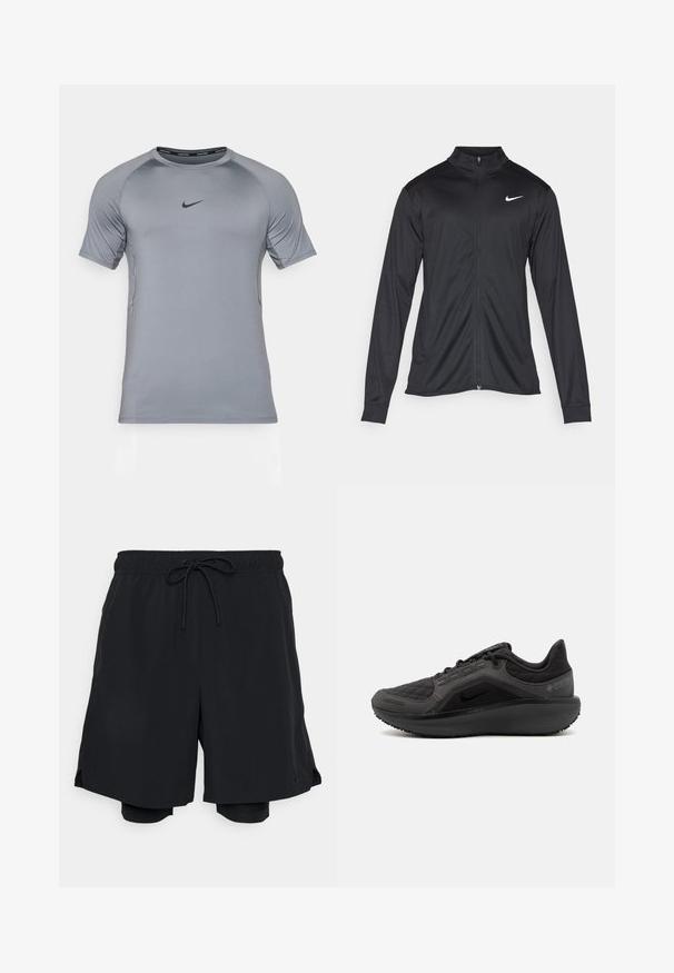 Črna atletska jakna z dolgimi rokavi, ovratnikom in polnim zadrgo. Vključuje diskreten bel Nike logotip na zgornjem levem delu prsnega koša. Gladka tekstura.; Sivi atletski majica s kratkimi rokavi s povezanjem dizajnom, narejena iz gladkega, lahkega materiala; ima črni Nike logotip na prsih.; Črne športne hlače iz lahko tkanine, ki imajo elastičen pas z vrvico in prilegajočo se notranjo hlačico.; Črne športne čevlje z teksturirano prešito zgornjo plastjo, eleganten dizajn in črn gumijast podplat. Imajo vidno oznako in blagovno znamko Gore-Tex.