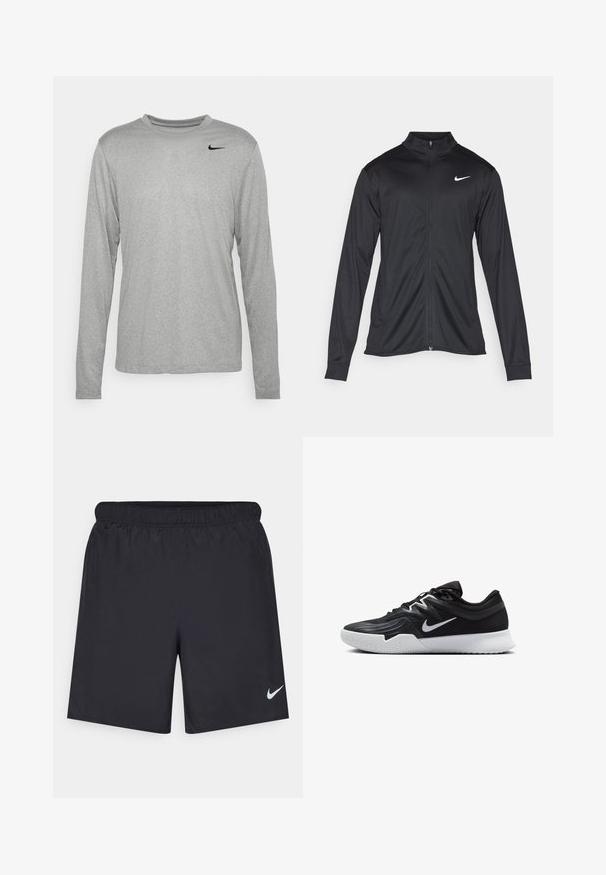 Schwarze Sportjacke mit langen Ärmeln, Kragen und voller Reißverschluss. Verfügt über ein dezentes Nike-Logo in Weiß auf der oberen linken Brust. Glatte Textur.; Graues langärmliges Sportshirt aus leichtem Stoff, mit Rundhalsausschnitt und einem kleinen schwarzen Nike-Logo auf der linken Brust.; Schwarze sportliche Shorts aus leichtem Material mit einem elastischen Bund. Auf der unteren linken Seite befindet sich ein kleines weißes Nike-Logo.; Schwarzer Sportschuh mit strukturiertem Obermaterial, weißem Nike-Warenzeichen und einer weißen Gummisohle. Verfügt über ein Schnürdesign und eine dynamische Form.