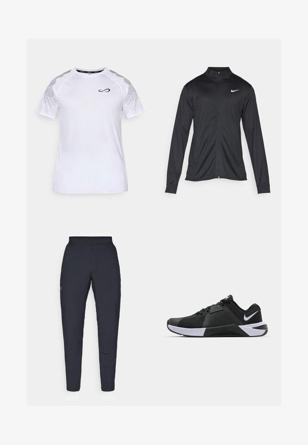 Black athletic jacket with long sleeves, collar, and full zipper. Features a subtle Nike logo in white on the upper left chest. Smooth texture.; Endless FEISTY HEXAGON - Print T-shirt - white; Black athletic pants with a smooth texture, slim fit, elastic waistband, and side pockets. Features a small logo on the left thigh.; Nike Performance METCON 10 - Training shoe - black/white/anthracite