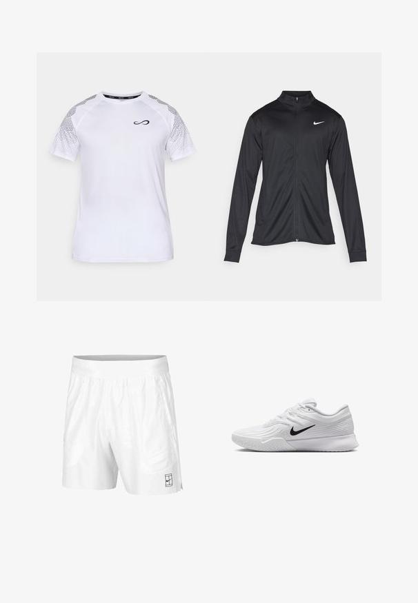 Svart idrettsjakke med lange ermer, krage og full glidelås. Har en subtil Nike-logo i hvitt på øvre venstre bryst. Glatt tekstur.; Endless FEISTY HEXAGON - T-shirts med print - white; Hvite sportsshorts laget av lettvektstoff med elastisk midjebånd, med to sidelommer og en liten svart logo på kanten.; Hvit atletisk sko med teksturert mesh-overdel, svart Nike-svush, polstret krage og gummisåle med mønster.