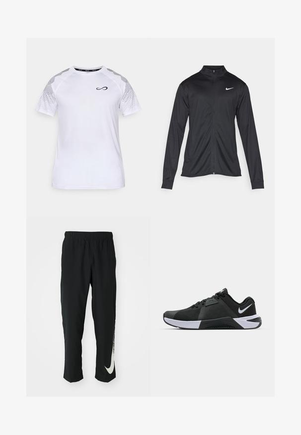Must värvi sportlik jakk pikkade varrukatega, krae ja täispikk tõmblukk. Ülemises vasakus rinnas on diskreetne valge Nike logo. Sile tekstuur.; Endless FEISTY HEXAGON - Trükipildiga T-särk - white; Mustad mustad sportlikud püksid elastse vöökohtadega, kitseneva disainiga, millel on vasakul jalal suur valge Nike logo. Pehme, kerge kangas.; Nike Performance METCON 10 - Treeningjalatsid - black/white/anthracite