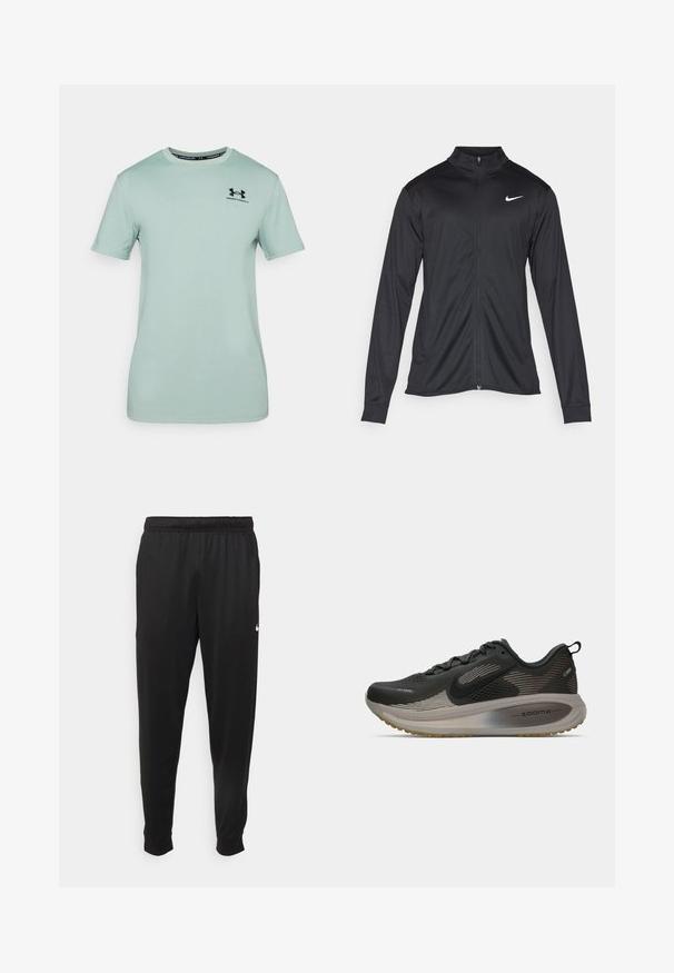 Fekete sportdzseki hosszú ujjal, gallérral és teljes cipzárral. Diszkrét fehér Nike logóval az upper bal mellen. Sima textúra.; Világos zöld, puha anyagból készült póló. Kerek nyakkivágással és rövid ujjal rendelkezik. A mellkason egy kis fekete logó található.; Fekete sportos nadrág sima anyagból, rugalmas derékkal, szűkülő lábakkal és egy kis fehér logóval a bal oldalon.; Fekete futócipő hálós felsőrésszel, fényvisszaverő részletekkel és ZoomX párnázással. Tömör talppal a tapadásért. Streamlined dizájn.