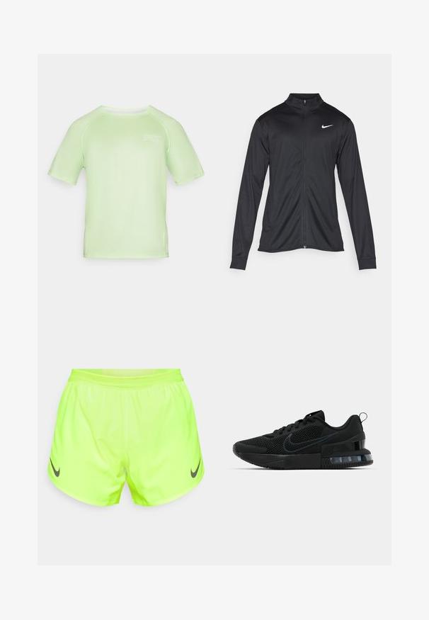 Fekete sportdzseki hosszú ujjal, gallérral és teljes cipzárral. Diszkrét fehér Nike logóval az upper bal mellen. Sima textúra.; Világoszöld, rövidujjú ing, sima anyagból készült, kerek nyakkivágással és fehér nyomtatott logóval az elején.; Neon sárga sportnadrág, könnyű anyagból készült, hálós derékkal és fekete Nike logóval a bal lábon.; Fekete Nike sportcipő, hálós felsőrésszel, gumitalppal, párnázott nyakkal és jellegzetes átlátszó sarokbetéttel.