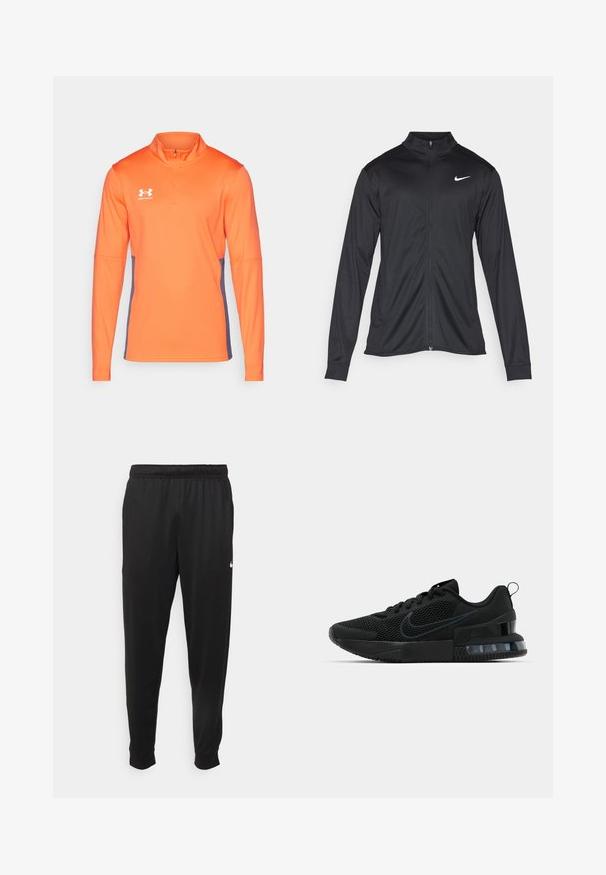 Schwarze Sportjacke mit langen Ärmeln, Kragen und voller Reißverschluss. Verfügt über ein dezentes Nike-Logo in Weiß auf der oberen linken Brust. Glatte Textur.; Oranges Langarm-Performance-Oberteil mit einem halben Reißverschluss und Kragen. Es hat ein kontrastierendes dunkelgraues Seitenpaneel und ein weißes Logo auf der Brust.; Schwarze Sporthosen aus glattem Stoff, mit einem elastischen Bund, schmal zulaufenden Beinen und einem kleinen weißen Logo auf der linken Seite.; Schwarzer Nike Sportschuh mit einem Mesh-Obermaterial, gummierter Sohle, gepolstertem Kragen und einem auffälligen transparenten Fersenakzent.