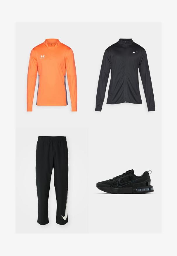 Jacket desportivo preto com mangas longas, colarinho e fecho zip completo. Apresenta um discreto logotipo da Nike em branco na parte superior do lado esquerdo do peito. Textura suave.; Camisola de desempenho de manga longa laranja com gola de fecho de meia. Apresenta um painel lateral contrastante em cinza escuro e um logótipo branco no peito.; Calças atléticas pretas com cintura elástica, design afunilado, apresentando um grande logótipo branco da Nike na perna esquerda. Tecido macio e leve.; Tênis esportivo Nike preto com parte superior em malha, sola de borracha, colarinho acolchoado e um distinto detalhe transparente no calcanhar.