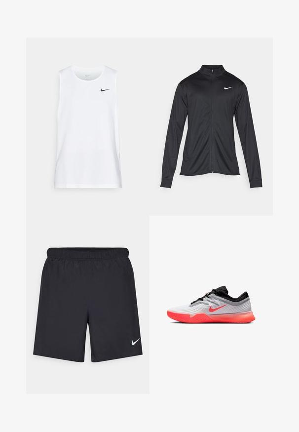 Černá sportovní bunda s dlouhými rukávy, límcem a plným zipem. Má decentní bílou logo značky Nike na horní levé části hrudi. Hladká textura.; Bílý bezrukávový sportovní top vyrobený z tkaniny odvádějící vlhkost, zdobený černým logem Nike na levé části hrudníku. Hladká textura.; Černé sportovní šortky vyrobené z lehkého materiálu s elastickým pasem. Na spodní levé straně mají malé bílé logo Nike.; Bílé a černé sportovní boty s jasně oranžovou podešví a logem Nike, s nízkým střihem a texturovaným gripem na přední části podrážky.