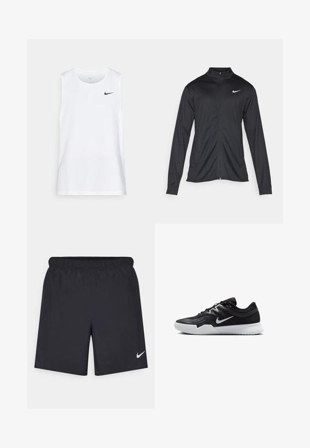 Black athletic jacket with long sleeves, collar, and full zipper. Features a subtle Nike logo in white on the upper left chest. Smooth texture.; White sleeveless athletic tank top made from moisture-wicking fabric, featuring a black Nike logo on the left chest. Smooth texture.; Black athletic shorts made of lightweight material with an elastic waistband. Features a small white Nike logo on the lower left side.; Black athletic shoe with a textured upper, white Nike swoosh, and a white rubber outsole. Features a lace-up design and dynamic shape.