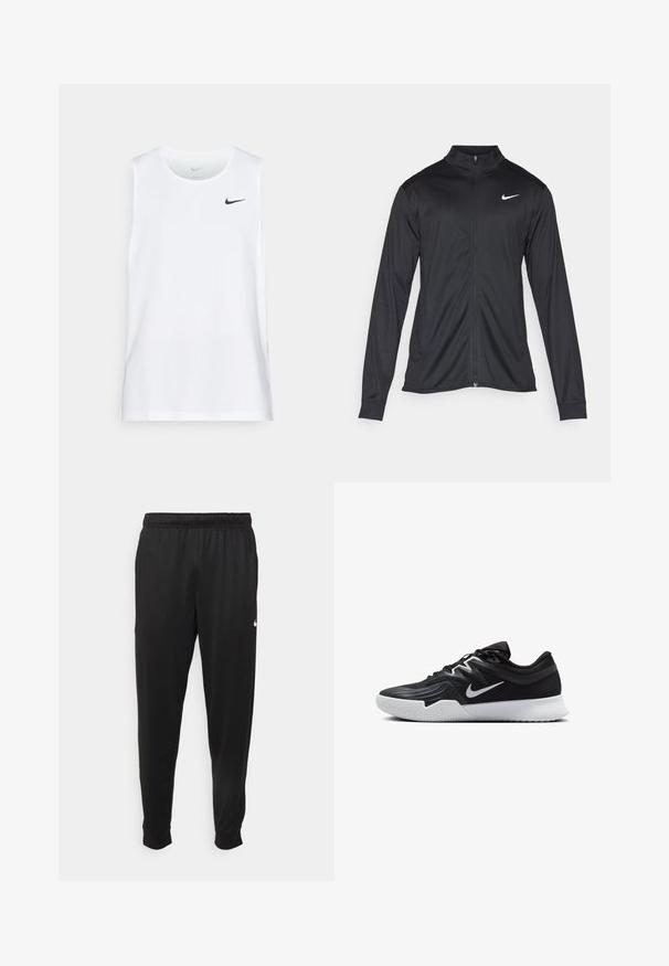 Black athletic jacket with long sleeves, collar, and full zipper. Features a subtle Nike logo in white on the upper left chest. Smooth texture.; White sleeveless athletic tank top made from moisture-wicking fabric, featuring a black Nike logo on the left chest. Smooth texture.; Black athletic pants made of smooth fabric, featuring an elastic waistband, tapered legs, and a small white logo on the left side.; Black athletic shoe with a textured upper, white Nike swoosh, and a white rubber outsole. Features a lace-up design and dynamic shape.
