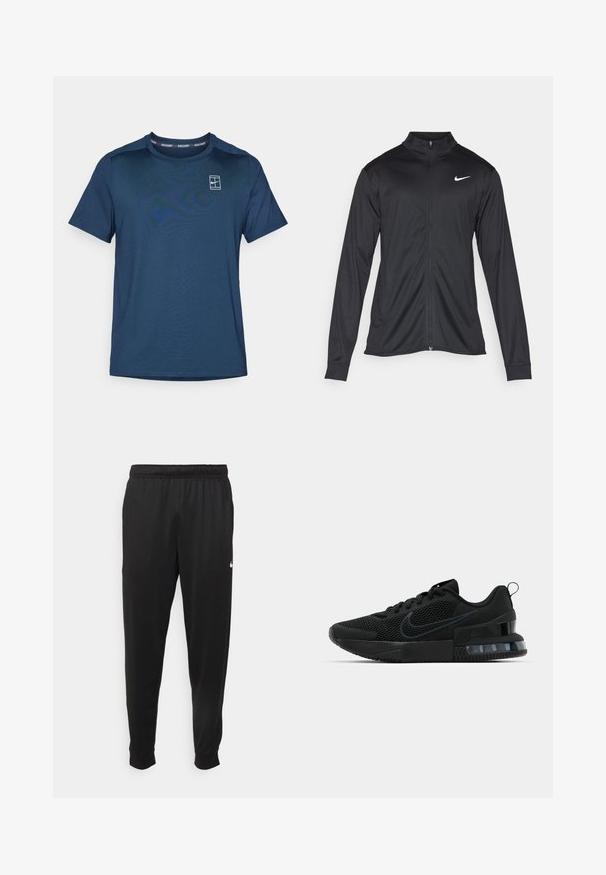 Črna atletska jakna z dolgimi rokavi, ovratnikom in polnim zadrgo. Vključuje diskreten bel Nike logotip na zgornjem levem delu prsnega koša. Gladka tekstura.; Temno modra športna majica iz gladkega blaga. Ima okroglo ovratnico, kratke rokave in majhen bel logo na levem prsnem delu.; Črne športne hlače iz gladkega materiala, z elastičnim pasom, zoženimi hlačnicami in majhnim belim logotipom na levi strani.; Črni Nike supergi z mrežastim zgornjim delom, teksturirano podplatom in vidno zračno enoto v peti. Poudarki in logotip v temnejši odtenek črne.