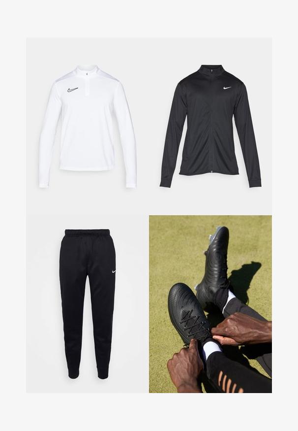 Svart idrettsjakke med lange ermer, krage og full glidelås. Har en subtil Nike-logo i hvitt på øvre venstre bryst. Glatt tekstur.; Hvit langermet treningsgenser med halvmaskesting; har en svart Nike-logo på brystet og teksturerte sidepaneler.; Svart Nike joggebukser med elastisk midjebånd, smale ben og diskret logo. Laget av glatt stoff med et enkelt design.; Svart fotballsko med teksturert overflate og svarte lisser, som blir strammet av hender. Mot en grønn overflate, med svart atletisk antrekk og hvite sokker.