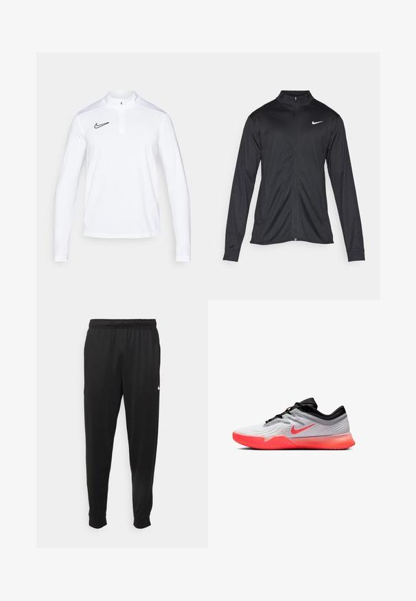 Musta urheilutakki pitkillä hihoilla, kauluksella ja kokonaisella vetoketjulla. Täydentää hienovarainen Nike-logo valkoisena vasemmassa ylärinnassa. Litteä pinta.; Valkoinen pitkähihainen urheilu toppi, jossa on puolivetoketju kaulus; siinä on musta Nike-logo rinnassa ja tekstuuripaneelit sivuilla.; Mustat urheiluhousut, jotka on valmistettu sileästä kankaasta. Niissä on joustava vyötärö, kapenevat lahkeet ja pieni valkoinen logo vasemmalla puolella.; Valkoiset ja mustat urheilukengät kirkkaan oranssilla pohjalla ja Nike-logolla, matala leikkaus ja teksturoitu pito etupohjassa.
