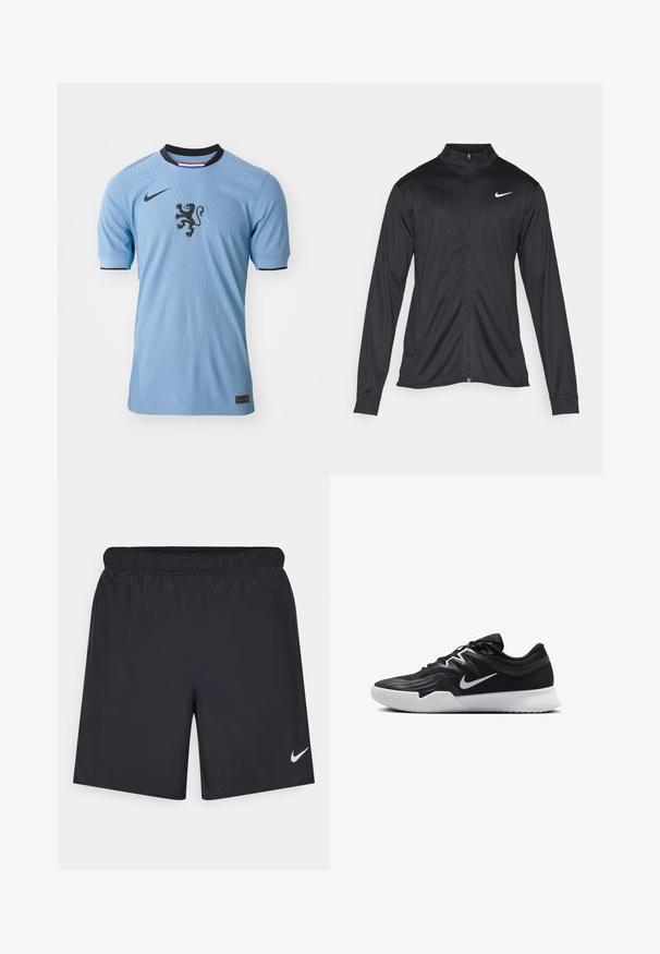 Svart idrettsjakke med lange ermer, krage og full glidelås. Har en subtil Nike-logo i hvitt på øvre venstre bryst. Glatt tekstur.; Lyseblå Nike fotballdrakt med korte ermer, ribbet tekstur, svart løveemblem i senter, og svarte krageakenter.; Svart sportskjørt laget av lett materiale med elastisk linning. Har en liten hvit Nike-logo nederst til venstre.; Svart treningssko med teksturert overdel, hvit Nike-swoosh og hvit gummisåle. Har snøring og en dynamisk form.