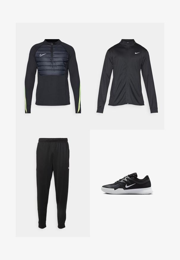 Schwarze Sportjacke mit langen Ärmeln, Kragen und voller Reißverschluss. Verfügt über ein dezentes Nike-Logo in Weiß auf der oberen linken Brust. Glatte Textur.; Nike Performance TOP - Langarmshirt - black/volt; Schwarze Sporthosen aus glattem Stoff, mit einem elastischen Bund, schmal zulaufenden Beinen und einem kleinen weißen Logo auf der linken Seite.; Schwarzer Sportschuh mit strukturiertem Obermaterial, weißem Nike-Warenzeichen und einer weißen Gummisohle. Verfügt über ein Schnürdesign und eine dynamische Form.