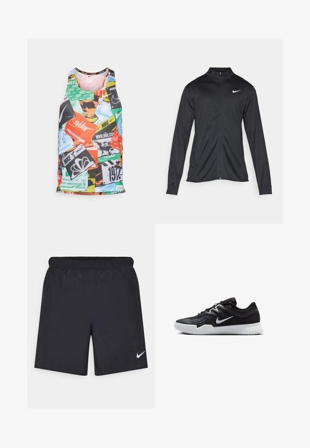 Juodas sportinis švarkas su ilgomis rankovėmis, apykakle ir pilnu užtrauktuku. Yra subtilus baltas Nike logotipas kairėje krūtinės pusėje. Lygus tekstūra.; Daugiaspalvė berankovė sportinė viršutinė, pagaminta iš kvėpuojančios medžiagos, su įvairiomis logotipo spaudomis ir geometrinių raštų dizainu.; Juodos sportinės šortai, pagaminti iš lengvos medžiagos, su elastingu juosmeniu. Ant apatinės kairės pusės yra mažas baltas Nike logotipas.; Juodos sportinės bateliai su tekstūruota viršutine dalimi, balta Nike swoosh ir balta gumine išorine dalimi. Yra su raištelių užsegimo dizainu ir dinamine forma.