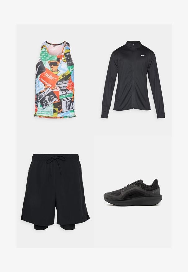 Must värvi sportlik jakk pikkade varrukatega, krae ja täispikk tõmblukk. Ülemises vasakus rinnas on diskreetne valge Nike logo. Sile tekstuur.; Mitmevärviline varrukateta sporditopp, mis on valmistatud hingavast kangast ja millel on erinevad logo trükkimised ning geomeetriliste mustrite kujundus.; Mustad mustad lühikesed püksid, mis on valmistatud kergest kangast, elastse vöökoha ja reguleeritava nööriga, ning neid sisepükse.; Must have mustandusega mustad sportlikud jalanõud, millel on tekstuurne tikandiga ülemine osa, nutikas disain ja must kummist tallad. Omab nähtavat logo ning Gore-Tex brändingut.