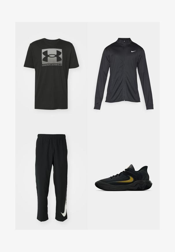 Jacket desportivo preto com mangas longas, colarinho e fecho zip completo. Apresenta um discreto logotipo da Nike em branco na parte superior do lado esquerdo do peito. Textura suave.; T-shirt de algodão preto com mangas curtas, apresentando um grande logotipo cinza da Under Armour na parte frontal, textura suave e decote redondo.; Calças atléticas pretas com cintura elástica, design afunilado, apresentando um grande logótipo branco da Nike na perna esquerda. Tecido macio e leve.; Tênis atlético preto e cinza escuro com cadarços pretos e logotipo swoosh dourado, apresentando um design de sola ondulada e colarinho acolchoado no calcanhar.