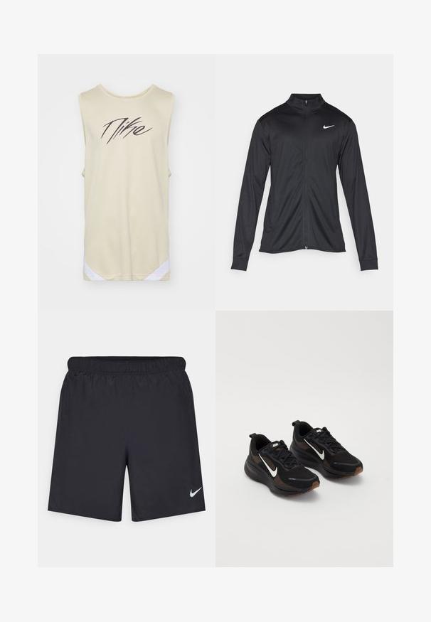 Fekete sportdzseki hosszú ujjal, gallérral és teljes cipzárral. Diszkrét fehér Nike logóval az upper bal mellen. Sima textúra.; Nike Performance ICON - Felső - team gold/white/black; Fekete sportnadrág könnyű anyagból, rugalmas derékkal. A bal alsó oldalon egy kis fehér Nike-logó található.; Fekete sportcipők légáteresztő hálós felsőrésszel, fehér Nike logóval, texturált talppal és kontrasztos barna díszítésekkel. Erősített sarokkal rendelkezik.